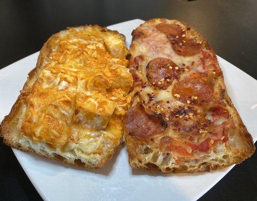 "Amazing Grain" salty bread pizza ( Buffalo chicken and Classic Pepperoni )