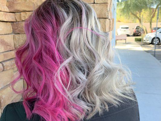 Split dye style with platinum blonde and bright pink