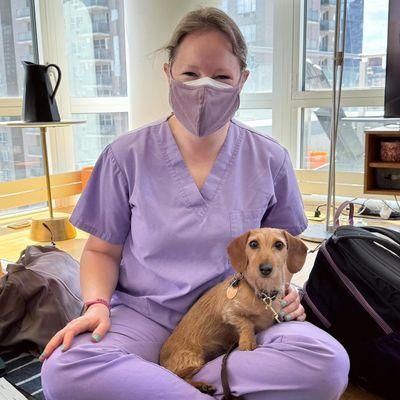 Dr. Joanna Gardner and her chiropractic patient, Scooby.