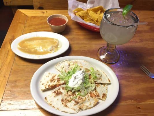 Shrimp quesadilla, cheese and onion enchilada, big ass margarita.