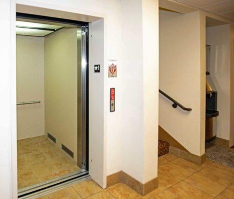 An accessible elevator carries guests to and from the 2nd floor of the hotel. Located near front desk and lobby.