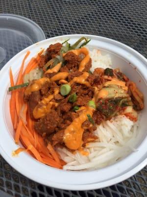 Disappointing lunch of "Spicy pork bibimbap" $11 with mushy mushy rice and very little toppings