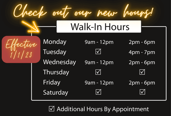 Starting January 1, 2023 our hours and times will be modified just a bit. Check them out below!

Let us know if you have any questions!