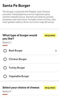 The Santa Fe Burger order page on DD.