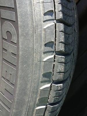 The separation is all the way around all of the tires. Do not buy Michelin Brand  tires. You and your family need safety!!!