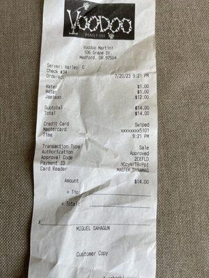 Receipt for $14