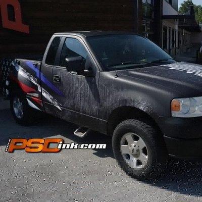 Matte laminate and a distressed design make for a low maintenance wrap.  This older beat up truck has a fresh patriotic new look.