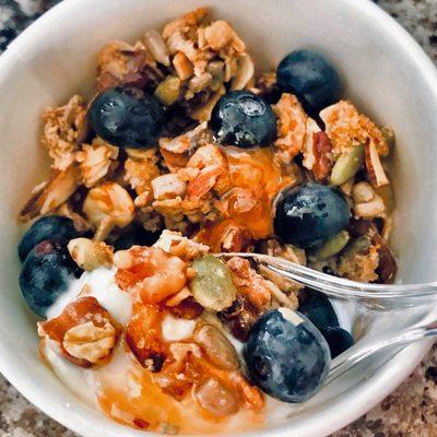 Yogurt parfait with House granola, orange marmalade & fresh blueberries!