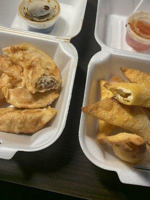 Gyoza with pork on left-cheese dumpling on right