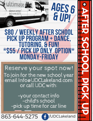 Afterschool Pick Up Program offers DANCE everyday, homework focus, tutoring & FUN! Contact UDC for more info at 863 644 5275