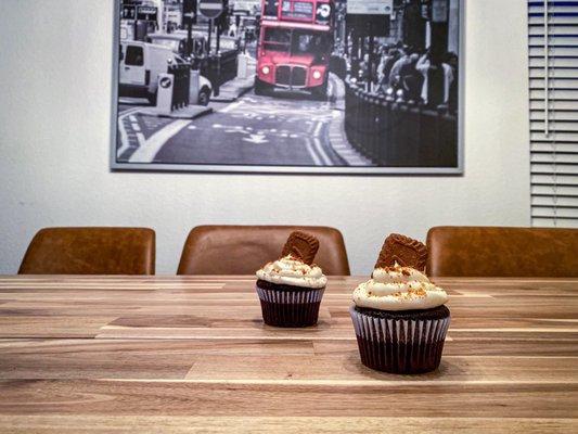 Biscoff Cupckaes  -Chocolate cupcake with cream cheese frosting topped off with a Biscoff cookie