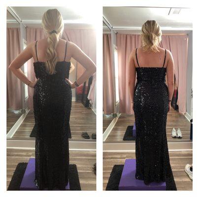 Sequin long gown before and after taken in at chest and waist