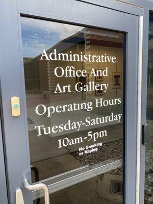 Admin office & art gallery entrance. Operating hours Tues-Sat, 10am-5pm