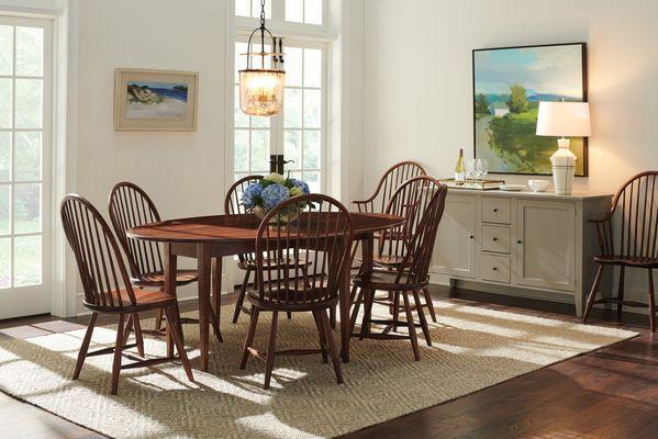 A solid wood Long Island Windsor Chairs surrounding our Appalachian hardwood Maggie Oval Drop Leaf Table.