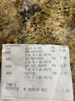 Receipt showing charges for 4 lbs asparagus.