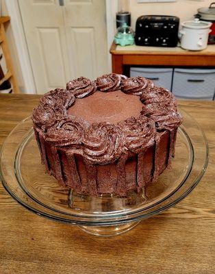 Special order vegan birthday cake, simple chocolate cake with chocolate "butter"cream frosting.