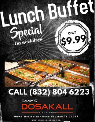 Weekday lunch buffet $9.99