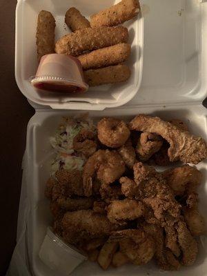 Catfish nuggets, shrimp and mozzarella sticks