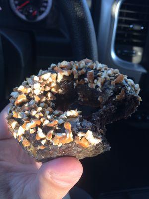 Chocolate pretzel donut with caramel--sweet and salty!