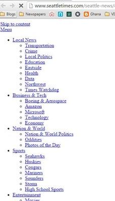 After about 10 minutes, it did manage to load this skeleton of the seattletimes.com website.