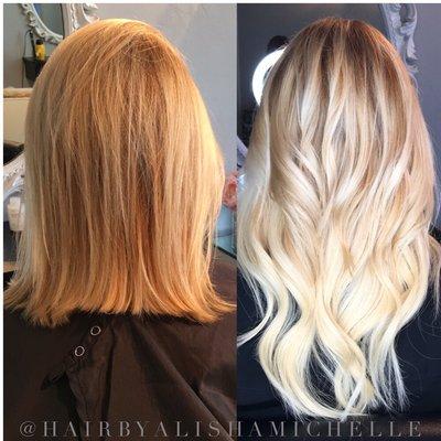 Before and after color corrective balayage and lace hair extensions by Alisha Michelle