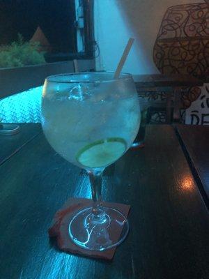 Gin and Tonic with a wooden stirrer which seems to be the custom in Panamá