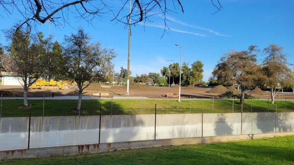 The grass on the side with the athletics fields has been completely torn up.