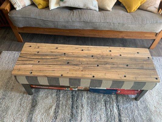 Authentic Barnwood bench topper created from solid-oak semi-truck flooring!