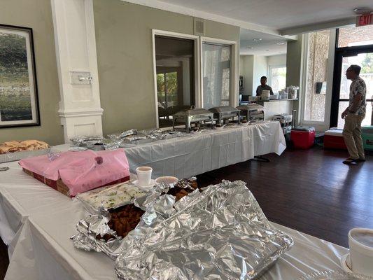 Buffet prep in front of corner kitchen