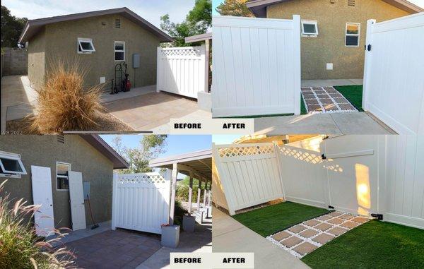 Before and after : removed plant, and pavers and replaced with turf , walk path and extended fence.