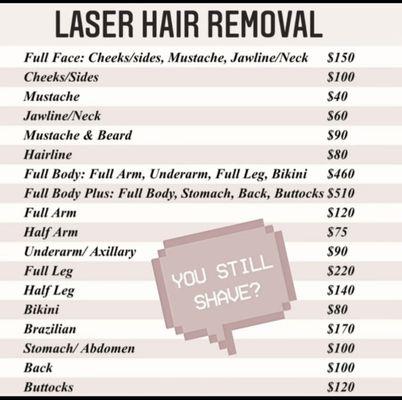 Laser Hair Removal Menu: call us for package deals!