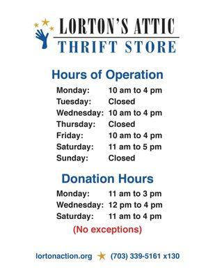 Lorton's Attic hours and donation drop off times.