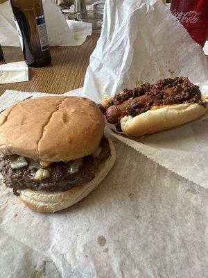 Jumbo pepper burger (served anytime) and coney dog (Tuesday special)