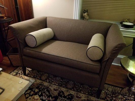 The re-covered loveseat and two of the pillows.