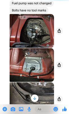 This is the photo sent to me by my licensed mechanic proving that the new fuel pump that I paid for was NEVER INSTALLED!!