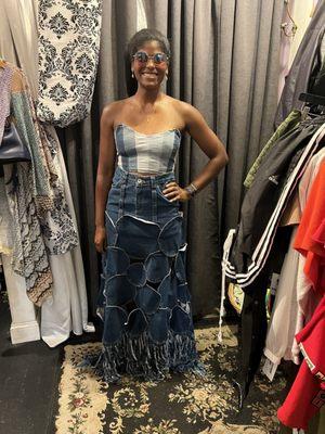 The creativity it takes to transform an old pairs of jeans into this top and skirt. unique finds are here!