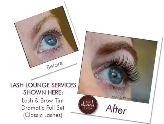 Before & after brow & lash tint with a dramatic full set of classic lashes.  Low-maintenance beauty!