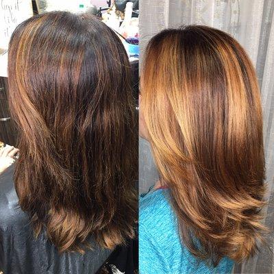 Removing5 years of deep brown color and adding in haindpainted highlights all over!!