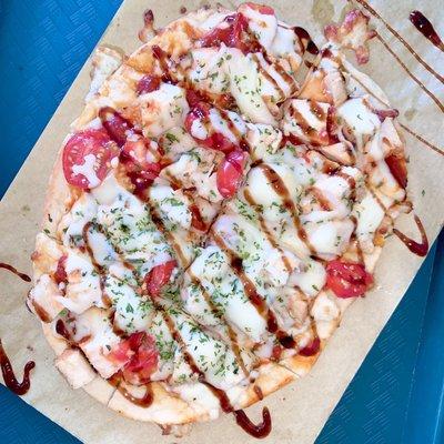 Margherita Flatbread - It has chicken chunks in it.