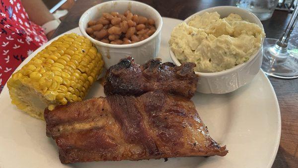 Meat and two. Ribs, corn, beans and potatoe salad. Ribs were really good. Nice BBQ sauce. All tater great.