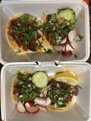 Tacos de pastor (top) and Tacos de asada (bottom)