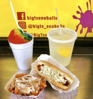 Rainbow Snoball, Fresh Squeezed Lemonade, Sweet Potato Fry Surprise, Hotdog (all the way)