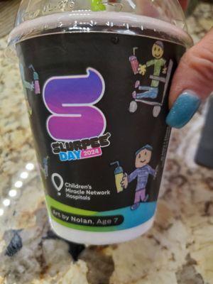 Today's 7-11 Slurpee Day Cups were designed in Art by patient Nolan Age 7 from the Children's Miracle Network Hospital.  7-11-2024