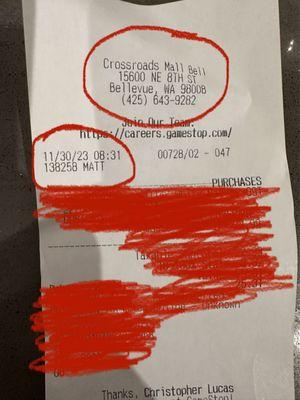 Receipt with store name and employee name on it.