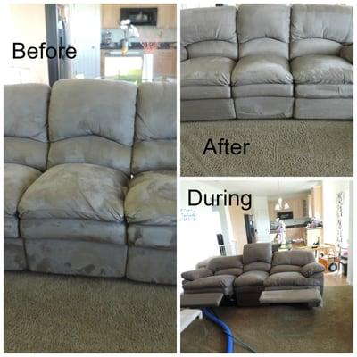 Before, during and after shots of couch cleaning.