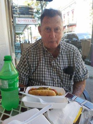 Outdoor seating! Picnic tables, a yummy hot dog and Robs Bread Pudding! Great little spot to stop!