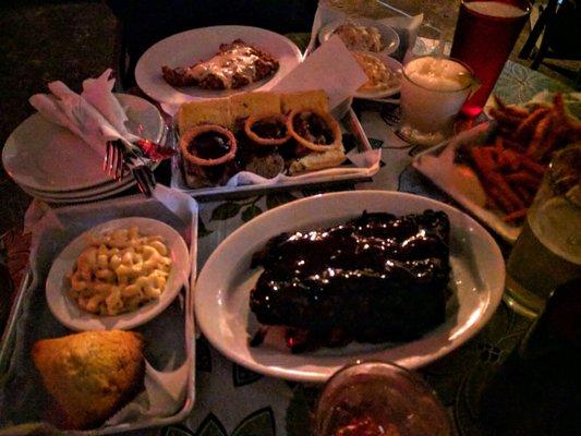 Ribs, sliders, Mac n cheese, cornbread, fries