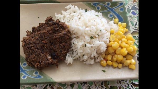 Black bean and cheese patty, white rice, corn