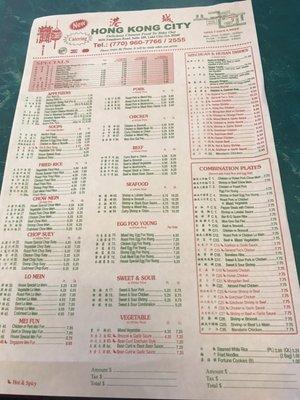 Menu for the restaurant