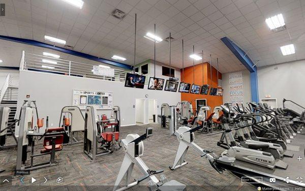 Cardio theater, seated strength machines, and mezzanine floor